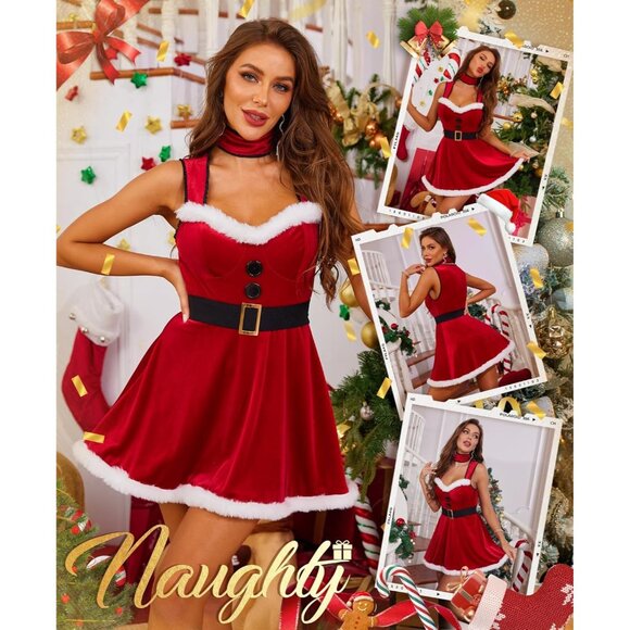 Women’s Red Sexy Santa Costume Xmas Velvet Outfits with Choker Belt - Picture 4 of 5